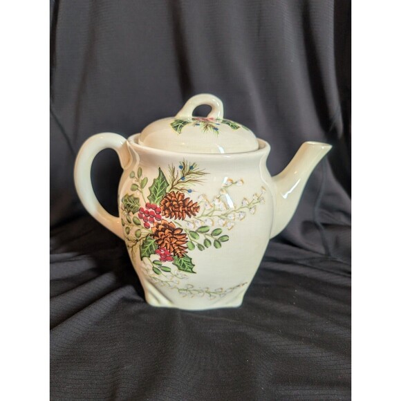 Harry and David Teapot Floral Pinecone Holly Berry Holiday Pattern 8"t Beautiful - Picture 3 of 11